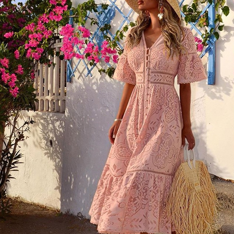 Women's V-Neck Cutout Lace  Maxi Dresses