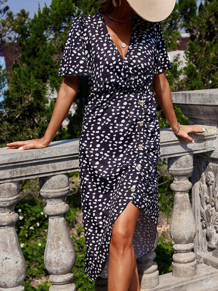 Floral Side Button Waist Short Sleeve  Maxi Dresses
