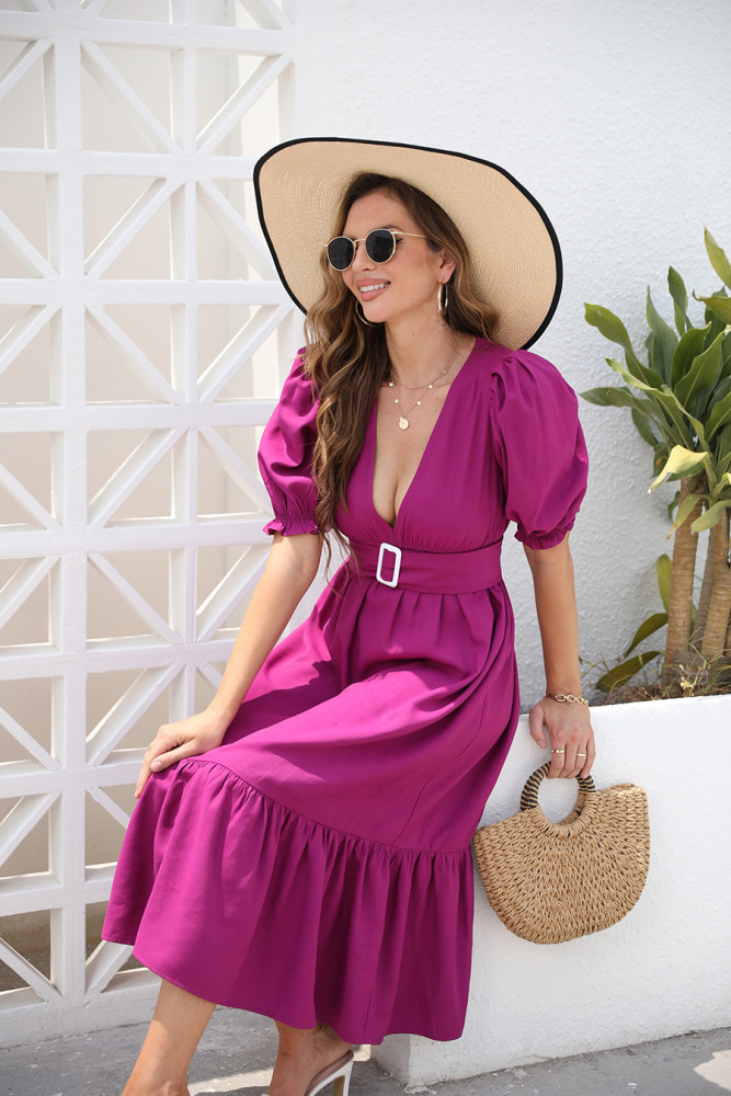 Sexy Deep V Neck Purple Puff Flounce Wedding Guest Dresses