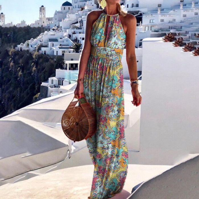 New Round Neck Halterneck Backless Sexy Print  Wedding Guest Dresses