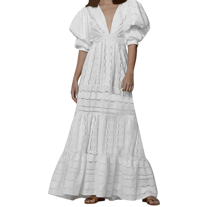 White Boho Women's Lace Cutout Puff Sleeves Solid V Neck  Maxi Dresses