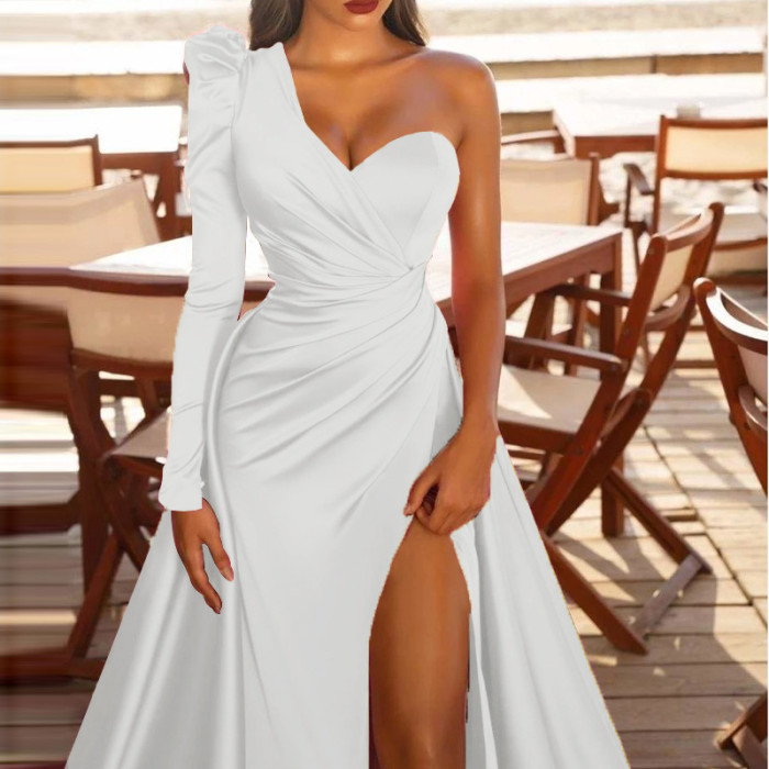 Women's New Long-sleeved Satin High Slit One-shoulder Trailing Banquet Wedding Guest Dresses