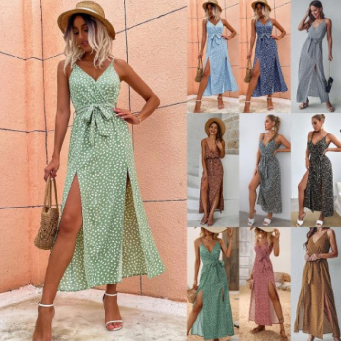 Floral Print Sleeveless V-neck High Split Waist Tie Long  Maxi Dresses