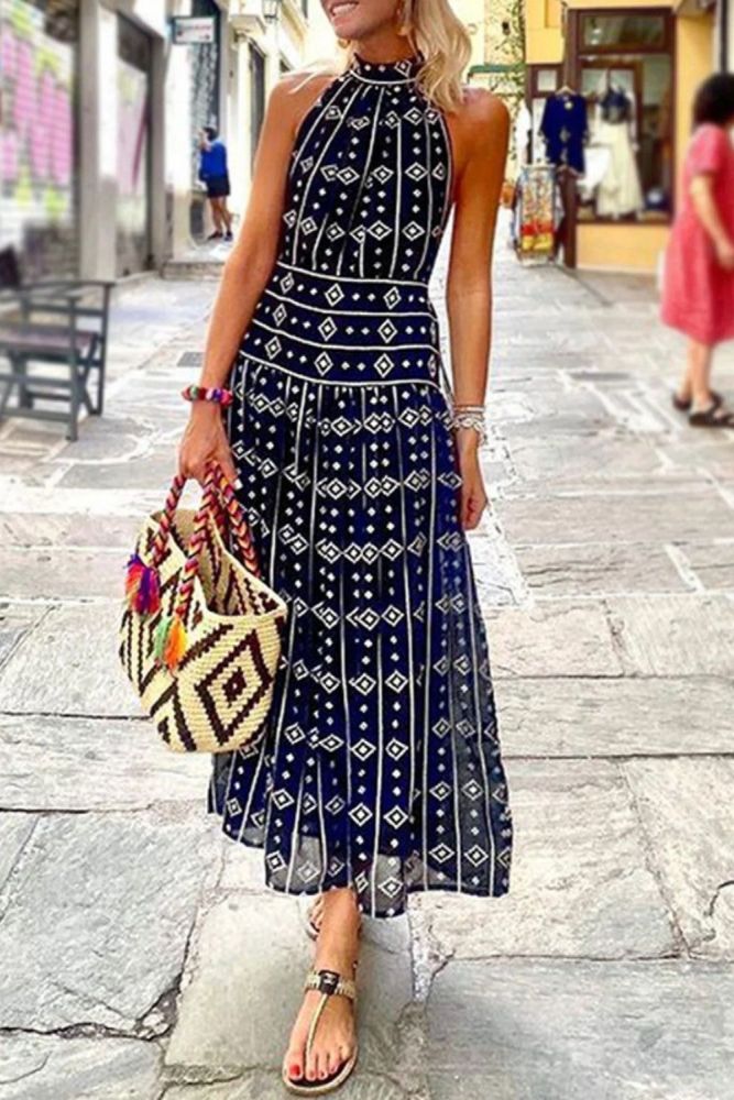 Women's Sleeveless Temperament Print Elegant  Wedding Guest Dresses