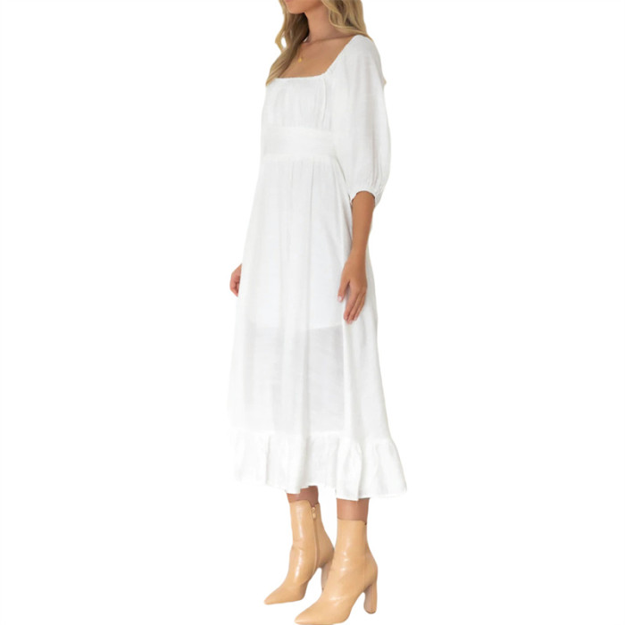 Ruffles Hem Solid Color Lantern Sleeve Square Collar High Waist Wedding Guest Dresses