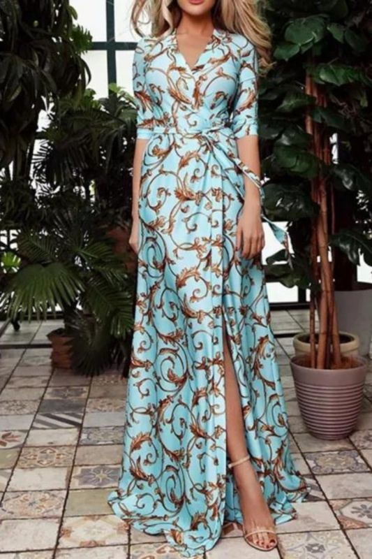 Summer Printed V Neck Women 3/4 Sleeve Waist Tied Split Wedding Guest Dresses
