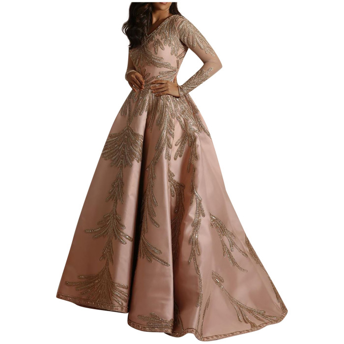 New Fashion Shiny Print Long Sleeve Sexy  Wedding Guest Dress
