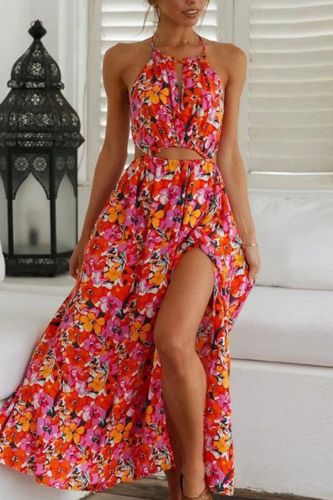 New Halter Print Sexy  Waist  Wedding Guest Dress
