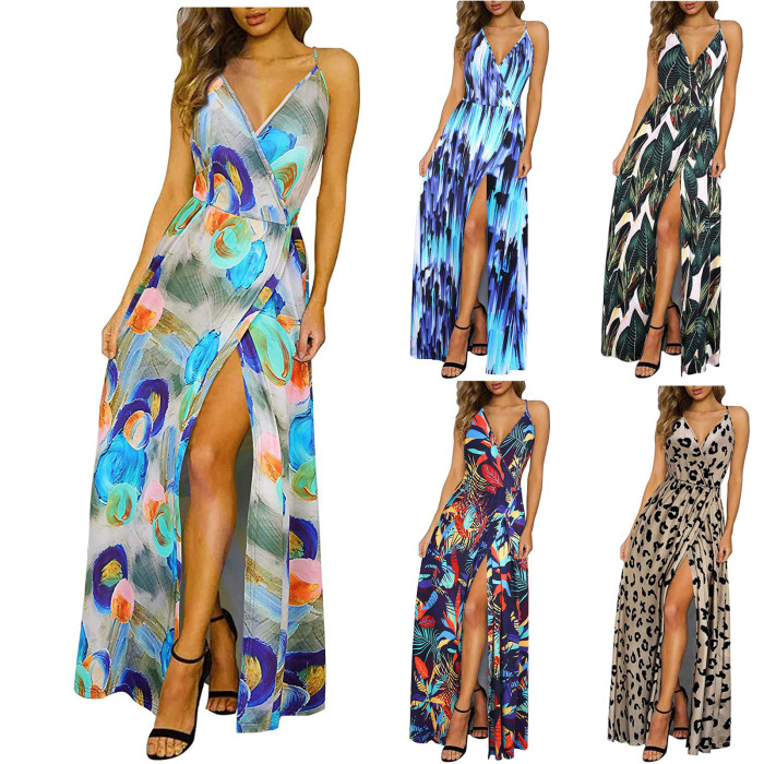 Women's Fashion Sling V-Neck Sleeveless Print  Wedding Guest Dress