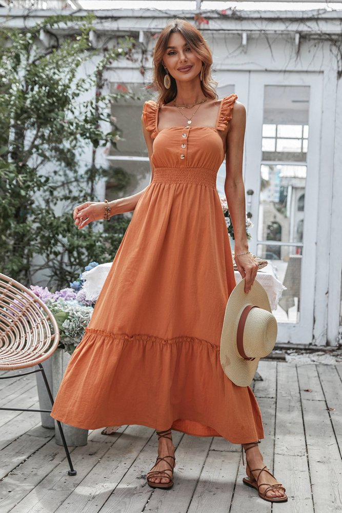 Ruffled Sling Dress Sleeveless Single Breaste High Waist  Maxi Dresses