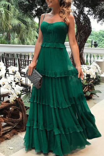Women's Sexy Sleeveless Ruffled Green Sling Wedding Guest Dresses