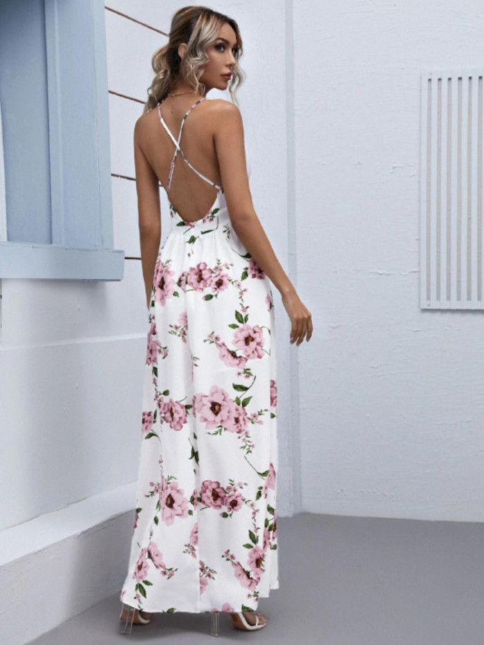 Women's Chiffon Loose Print Sling Sexy  Wedding Guest Dress