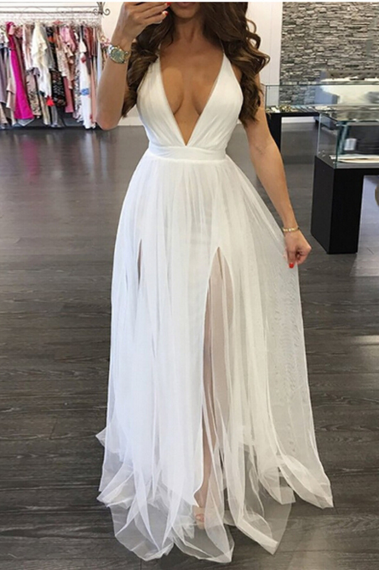 Summer Sexy Women Solid V-neck  Sleeveless Backless Wedding Guest Dresses