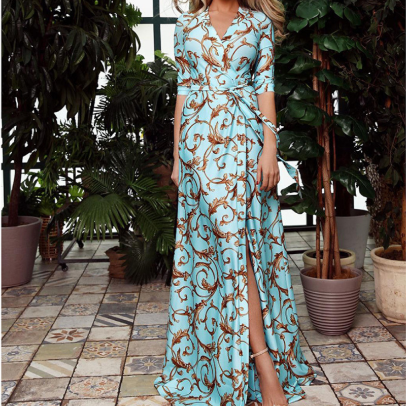 Summer Printed V Neck Women 3/4 Sleeve Waist Tied Split Wedding Guest Dresses