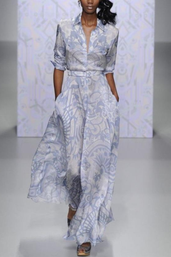Fashion Print Lapel Long Dress Ladies Elegant V-Neck Slim Waist   Wedding Guest Dresses