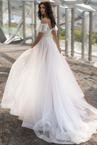 White Lace Tulle Maxi Wedding Guest Dresses