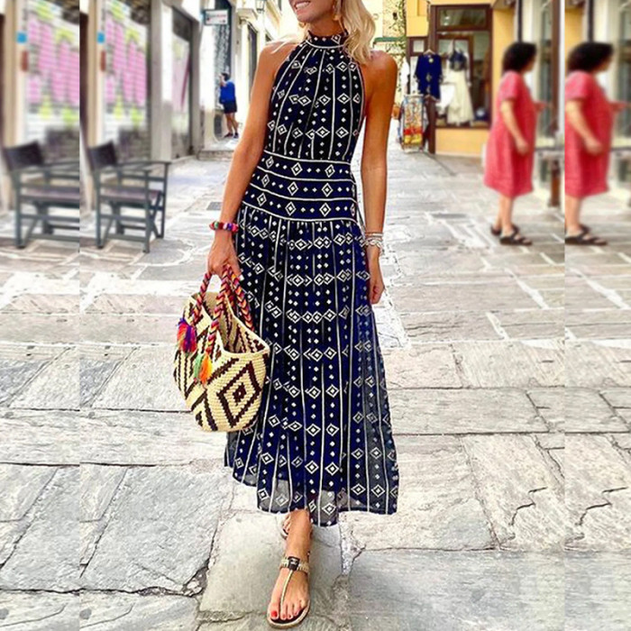 Women's Sleeveless Temperament Print Elegant  Wedding Guest Dresses