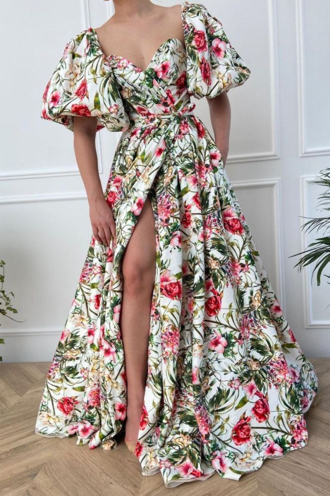 New Printed Boho Sexy Square Sleeve Belt  Wedding Guest Dresses