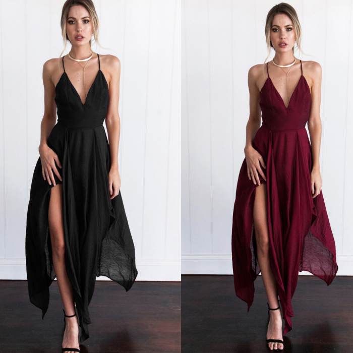 Women's Fashion V-neck Backless Split Suspender Wedding Guest Dresses