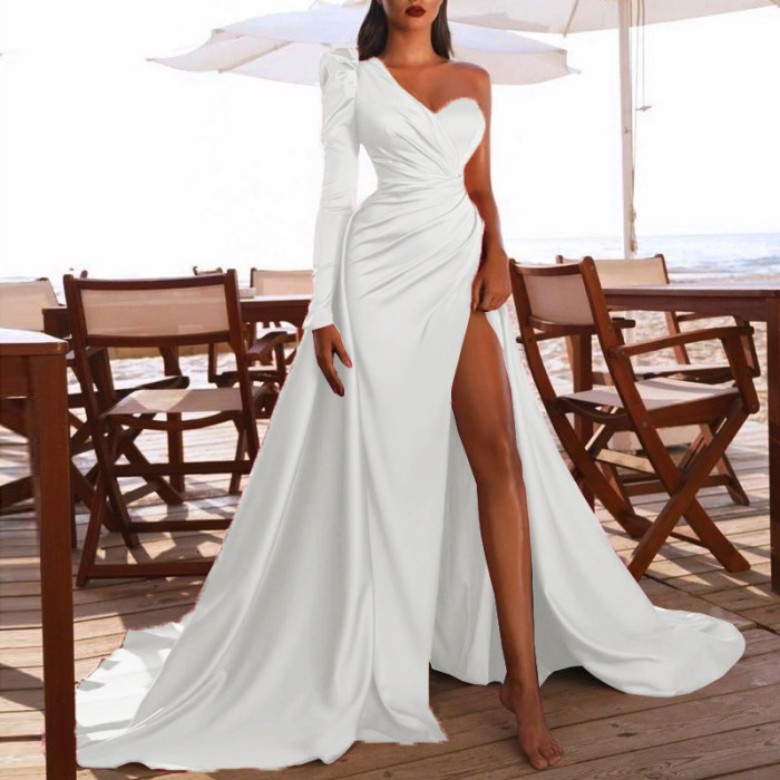Women's New Long-sleeved Satin High Slit One-shoulder Trailing Banquet Wedding Guest Dresses
