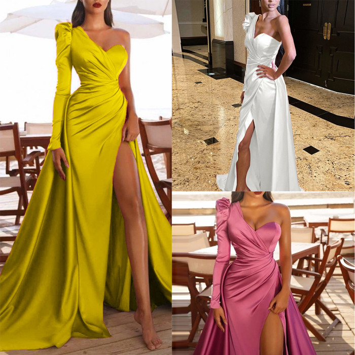 Women's New Long-sleeved Satin High Slit One-shoulder Trailing Banquet Wedding Guest Dresses