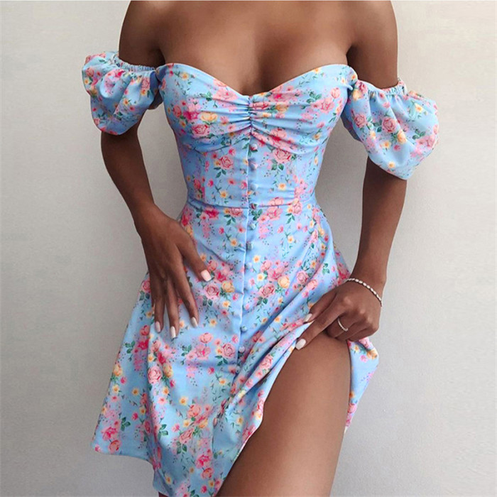 Print Flower Puff Sleeve  Bodycon Wedding Guest Dresses