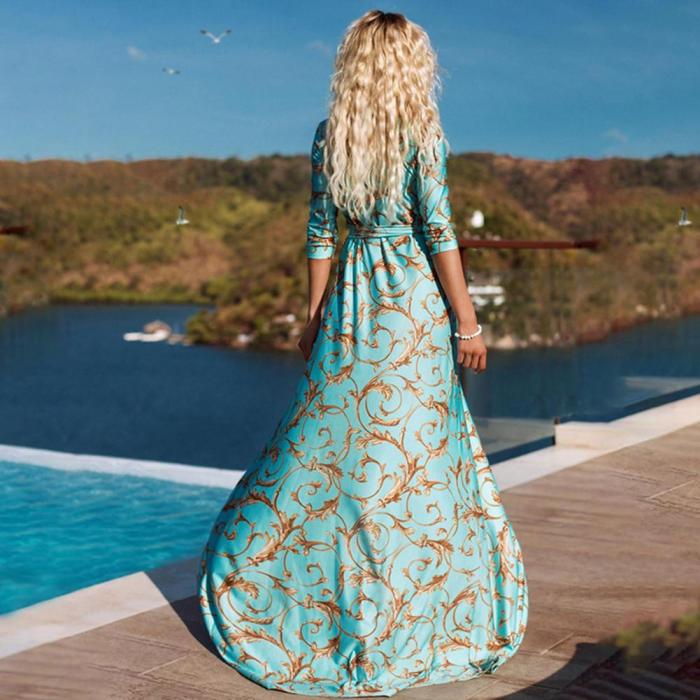 Summer Printed V Neck Women 3/4 Sleeve Waist Tied Split Wedding Guest Dresses