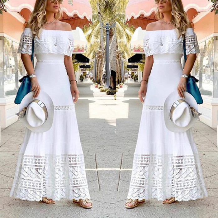 Women Long Party Dress Short Sleeve Slash Neck Off Shoulder  Wedding Guest Dresses