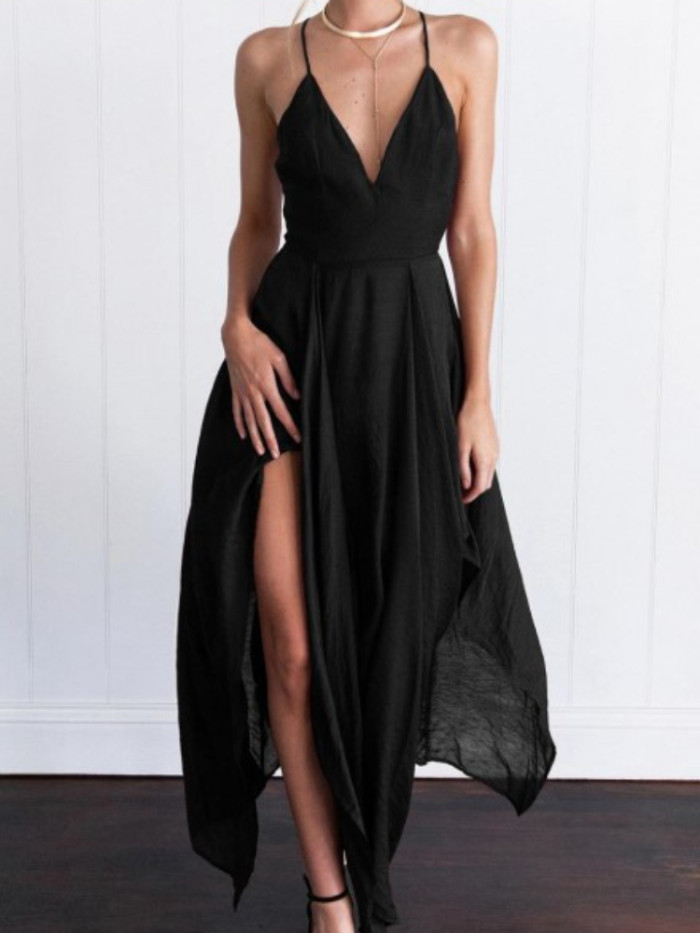 Women's Fashion V-neck Backless Split Suspender Wedding Guest Dresses