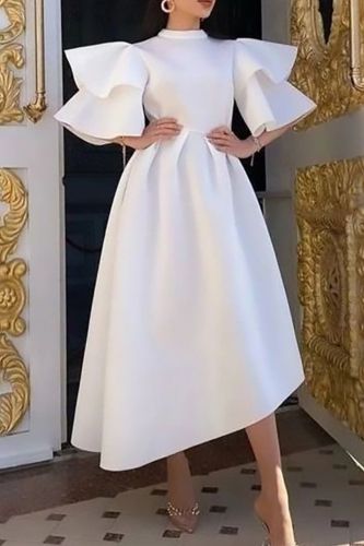 Women's Sexy Bell Sleeve O Neck Pleated A Line Fashion Wedding Guest Dress