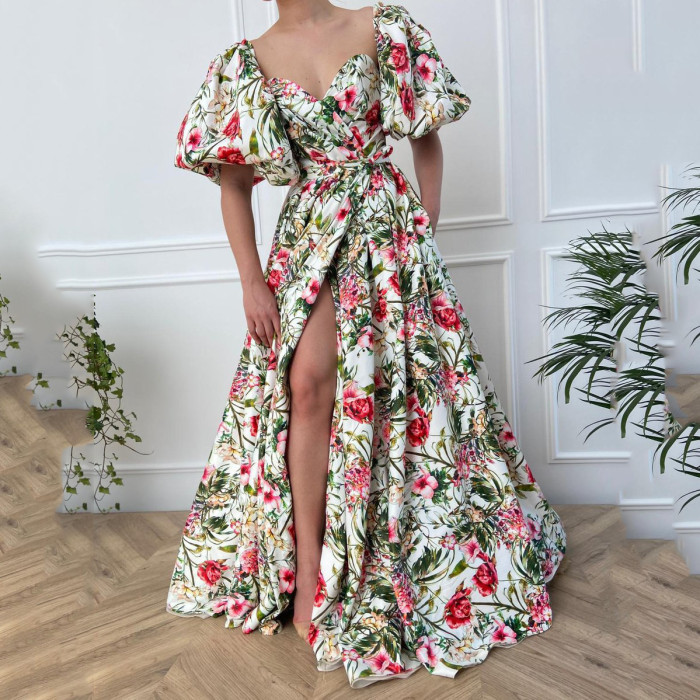 New Printed Boho Sexy Square Sleeve Belt  Wedding Guest Dresses