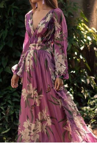 New Printed V-Neck Chiffon Long Sleeve Swing  Wedding Guest Dresses