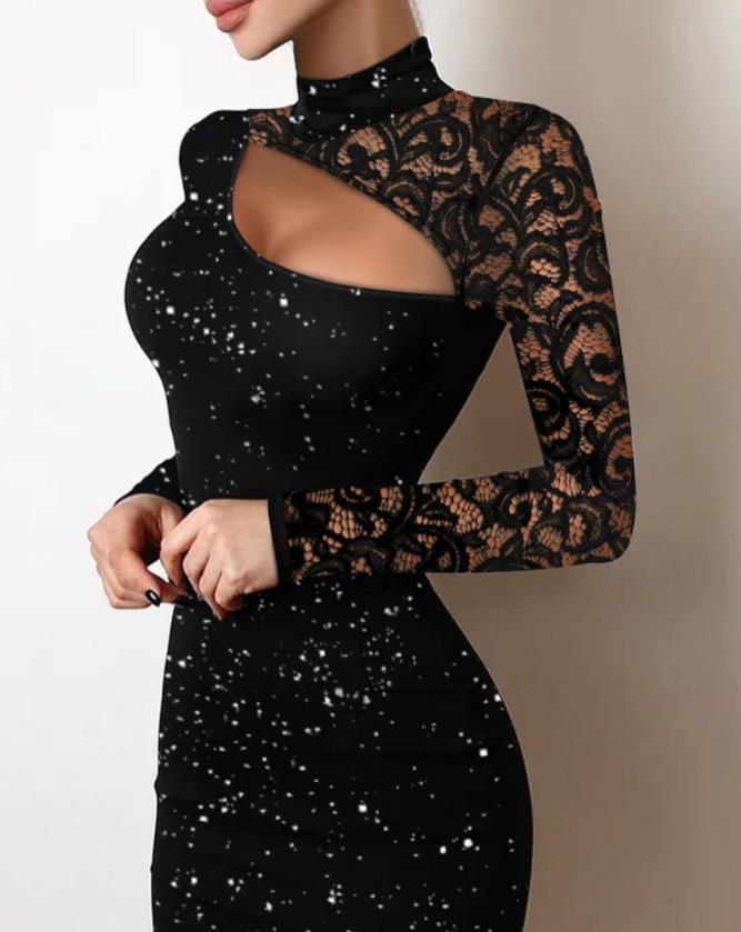 Elegant Sexy Party Lace Cutout Long Sleeve Bodycon Mini Dress