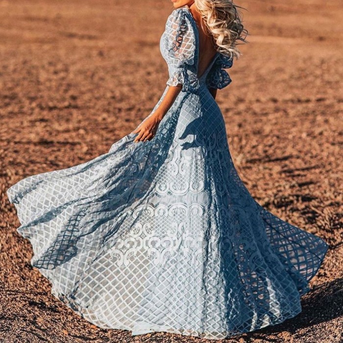 V-neck Slim Blue Wedding Guest Dresses