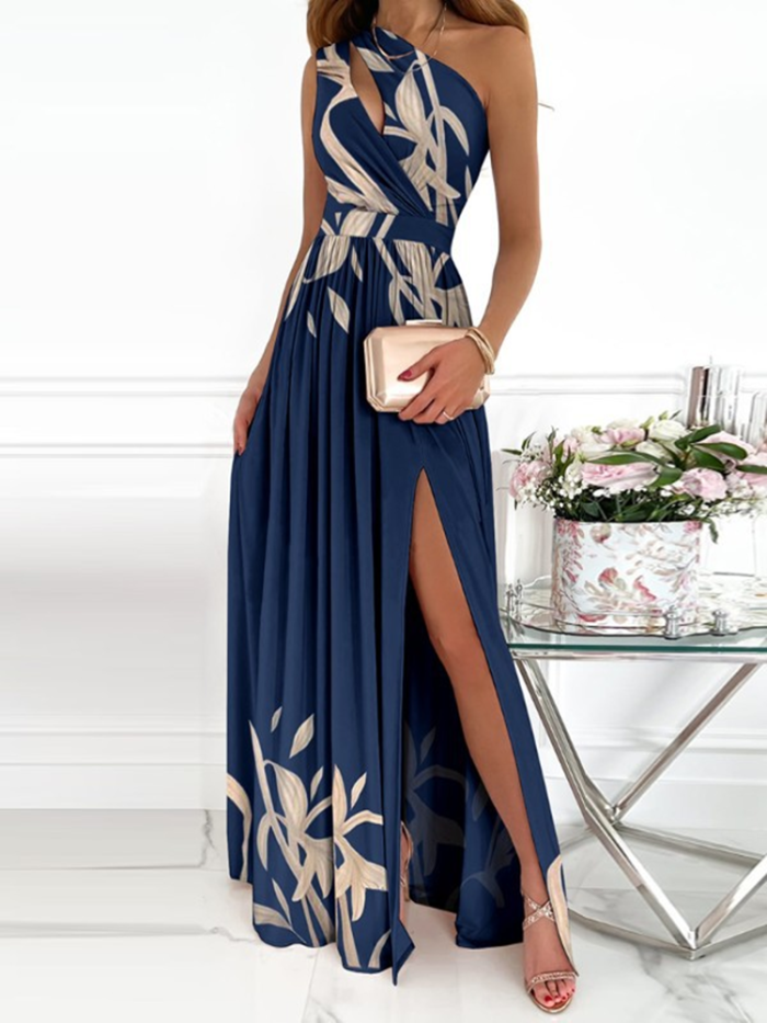 Elegant One Shoulder Floral Print Wedding Sexy Maxi Party Dress