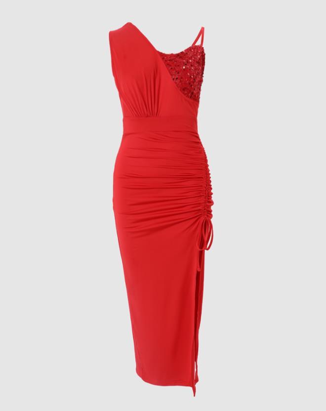 Sexy Party Wedding Guests Sleeveless  Contrast Sequin Drawstring Ruched High Slit Maxi Dress