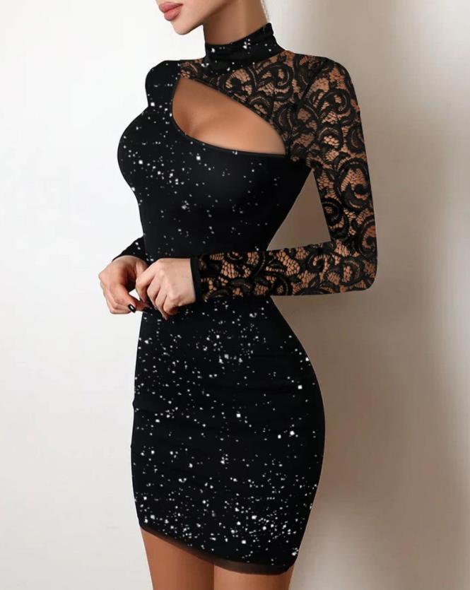 Elegant Sexy Party Lace Cutout Long Sleeve Bodycon Mini Dress