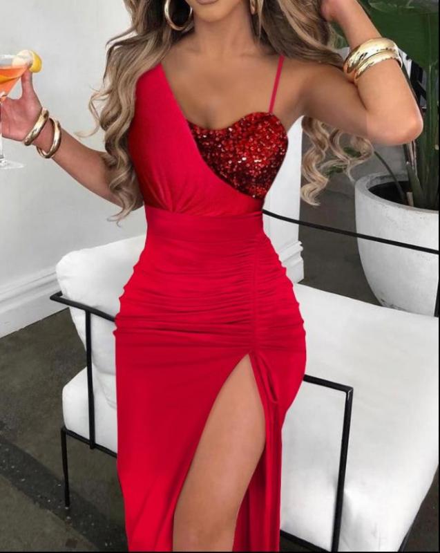 Sexy Party Wedding Guests Sleeveless  Contrast Sequin Drawstring Ruched High Slit Maxi Dress