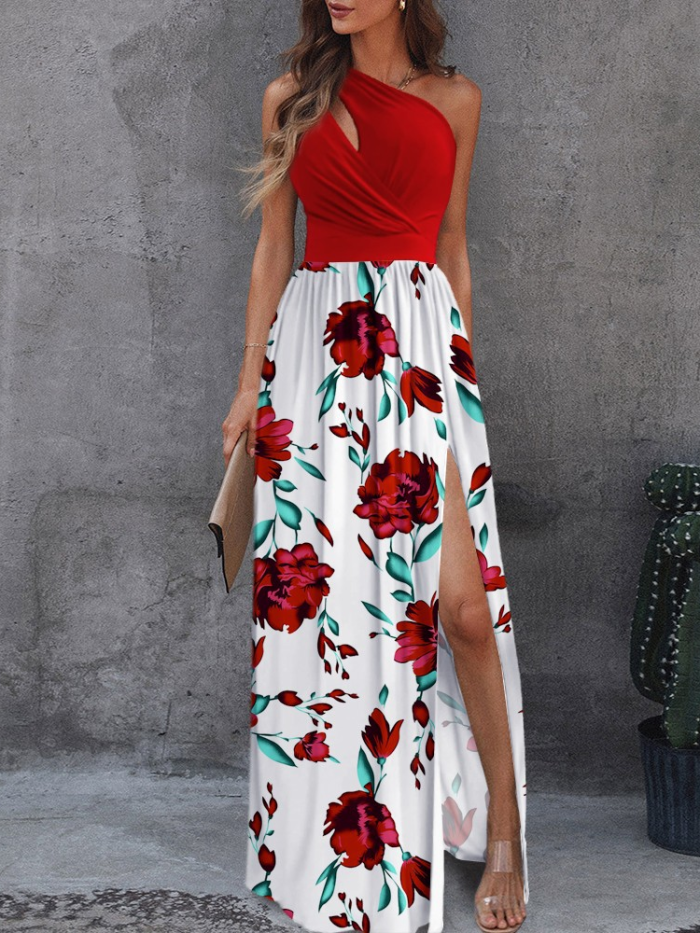 Elegant One Shoulder Floral Print Wedding Sexy Maxi Party Dress