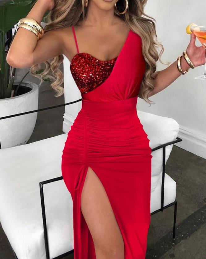 Sexy Party Wedding Guests Sleeveless  Contrast Sequin Drawstring Ruched High Slit Maxi Dress