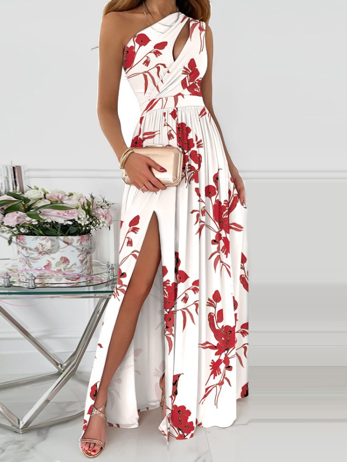 Elegant One Shoulder Floral Print Wedding Sexy Maxi Party Dress