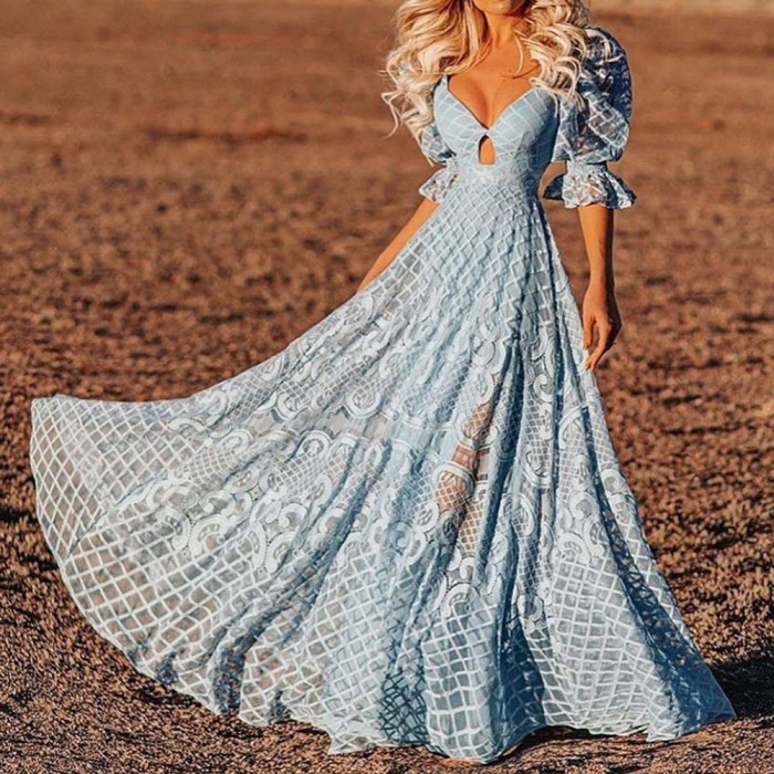 V-neck Slim Blue Wedding Guest Dresses