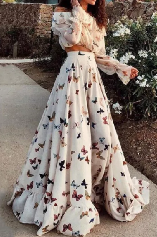 Butterfly Print Floral Two Piece Sets Beach Bohemian Wedding Guest Dress