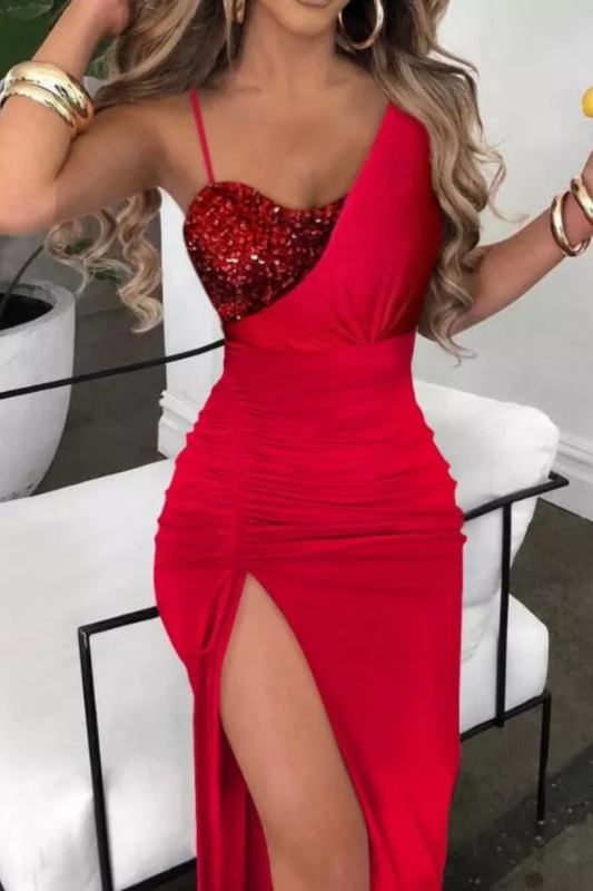 Sexy Party Wedding Guests Sleeveless  Contrast Sequin Drawstring Ruched High Slit Maxi Dress