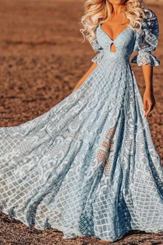 V-neck Slim Blue Wedding Guest Dresses