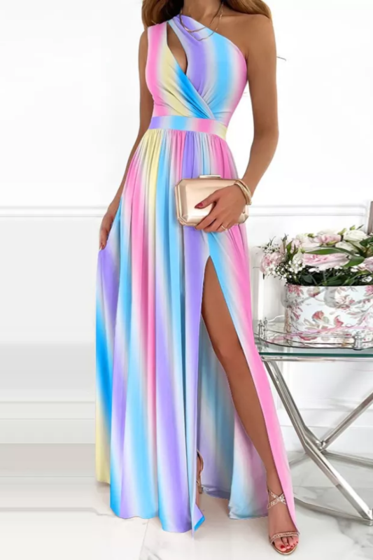 Elegant One Shoulder Floral Print Wedding Sexy Maxi Party Dress