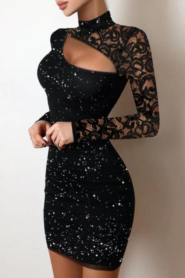 Elegant Sexy Party Lace Cutout Long Sleeve Bodycon Mini Dress