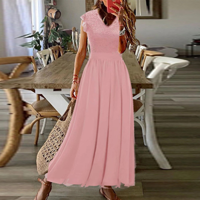 Sexy Lace Patchwork Fashion V-Neck Elegant  Maxi Dress