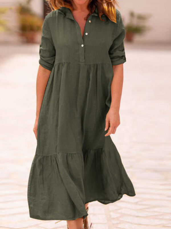 Casual Fashion Solid Color V-Neck Loose Cotton Linen Wedding Guest Dress