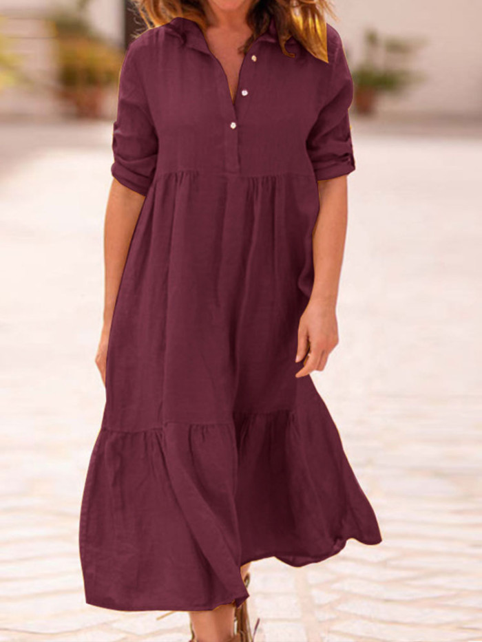 Casual Fashion Solid Color V-Neck Loose Cotton Linen Wedding Guest Dress